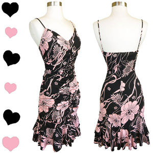 Vintage Y2K 2000s 00s Retro Pink Floral Tiered Cha Cha Party Dress M